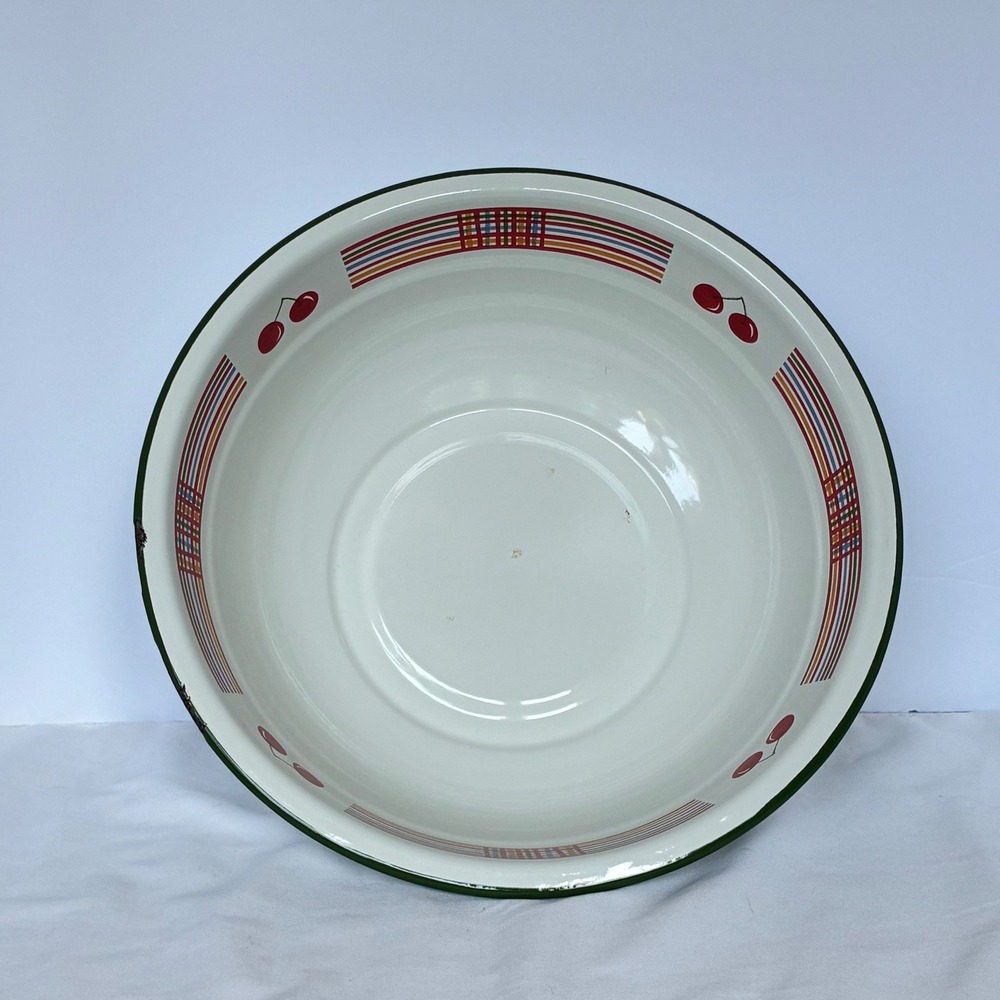 White Cherry Plaid Enamelware Basin Large Farmhouse Bowl Cottage Rustic Country